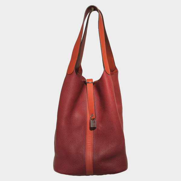 Hermes women's dark red clemence grained leather Picotin lock 26 tote bag