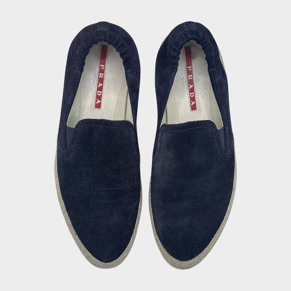 Prada men s navy suede slip on loafers with with raffia trims Loop Generation