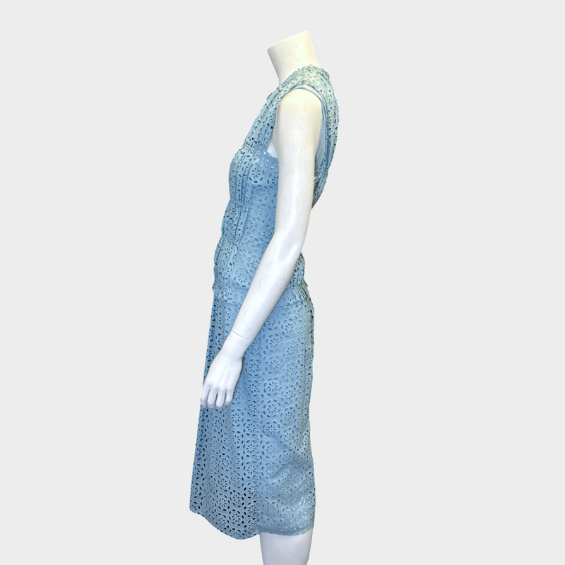 Nina Ricci light blue eyelet cotton ruched mid-length dress