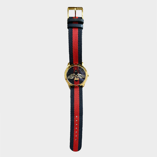 Gucci Black Watch with Red and Gold Accents Gucci G Timeless Coral Red Dial Black Leather Strap Watch  main image 4