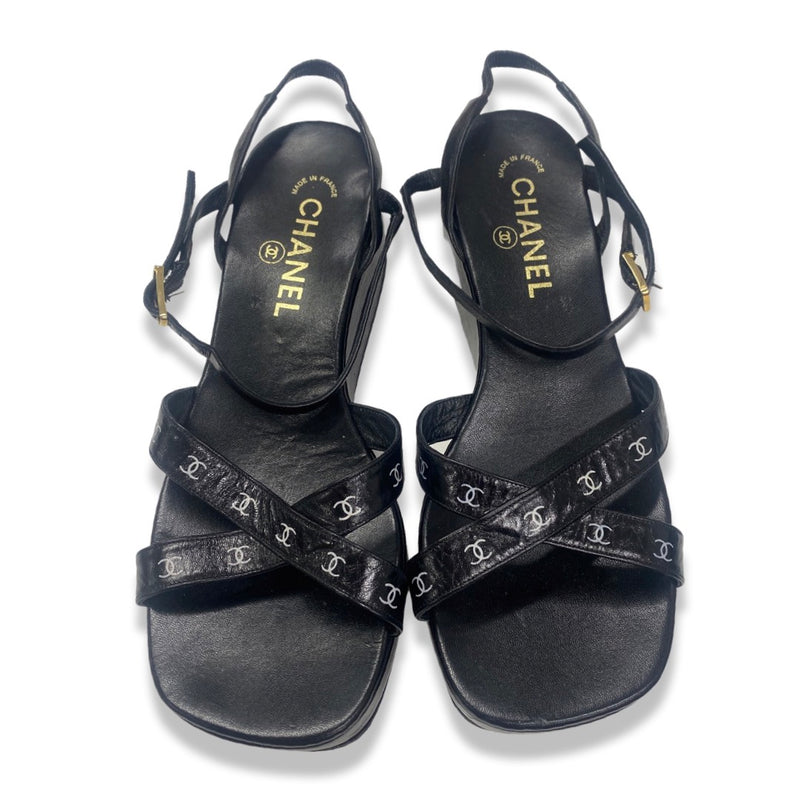CHANEL black CC logo leather platform sandals | Size 38