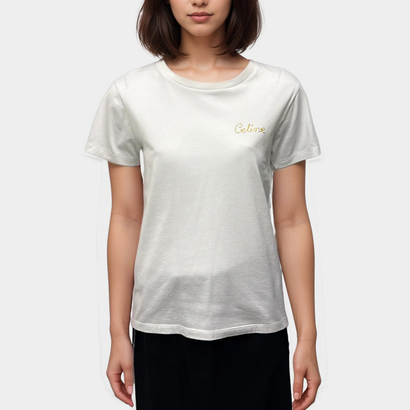 Celine Women's White cotton T-Shirt with gold logo