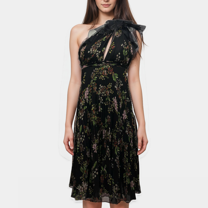 Giambattista Valli Black Floral Print Asymmetrical Silk Dress