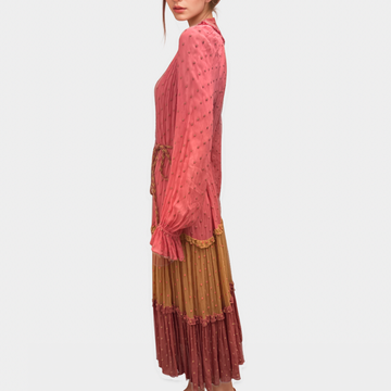 Zimmermann Pink and Earth Tone Tiered Maxi Dress with Tie Detail  Loop  Generation