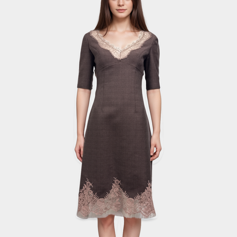 Louis Vuitton Textured Wool Blend Midi Dress with Lace Trim