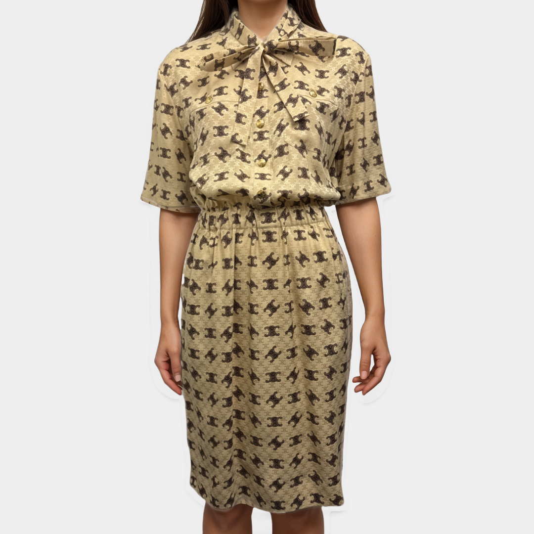 Celine Beige and Brown Monogram Print Silk Dress With Bow Loop Generation Celine Beige and Brown Monogram Print Silk Dress With Bow Loop Generation