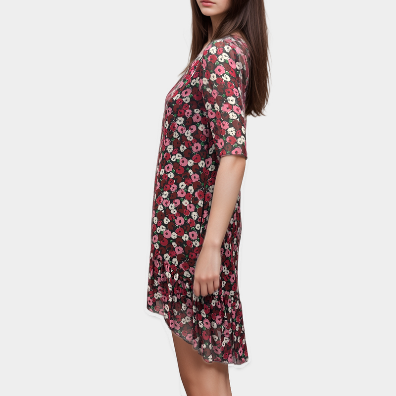 Saint Laurent Black Silk Dress with Pink, Red and White Floral Pattern