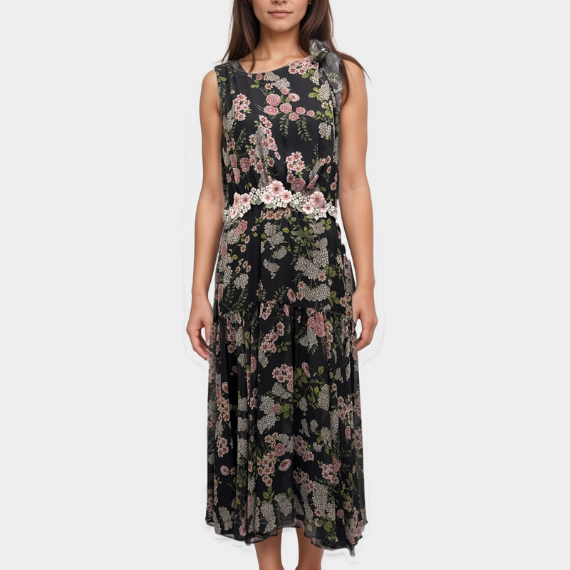 Giambattista Valli Black with Pink, White and Green Floral Pattern Long Dress