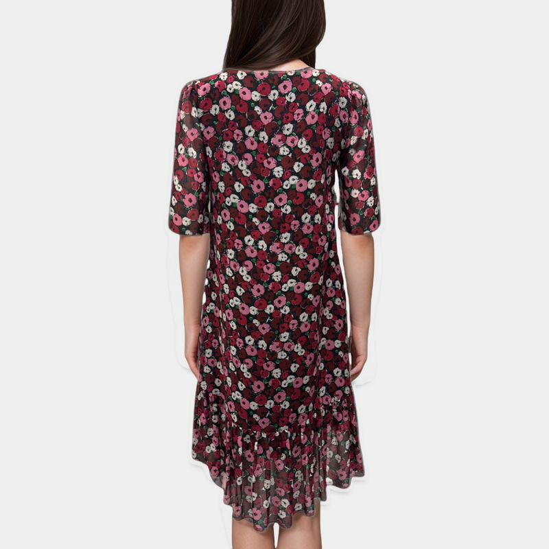 Saint Laurent Black Silk Dress with Pink, Red and White Floral Pattern