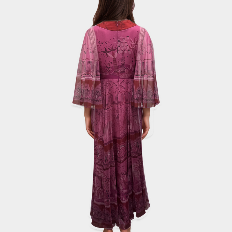 Valentino Pink and Red Printed Silk-Chiffon Maxi Long Dress