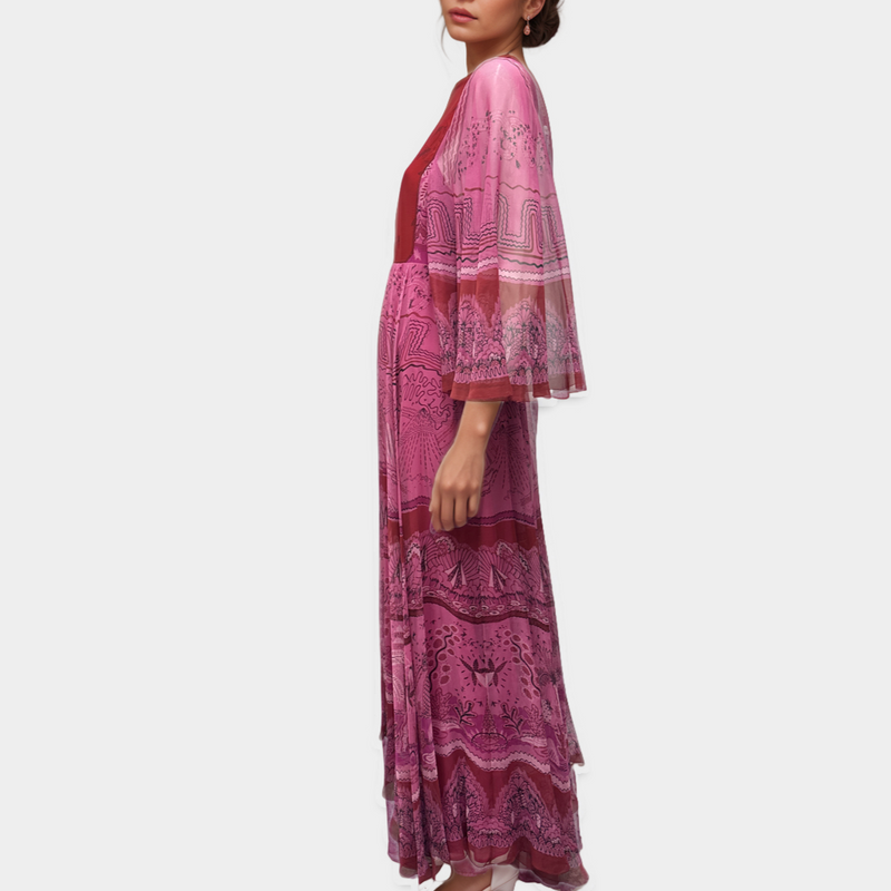 Valentino Pink and Red Printed Silk-Chiffon Maxi Long Dress