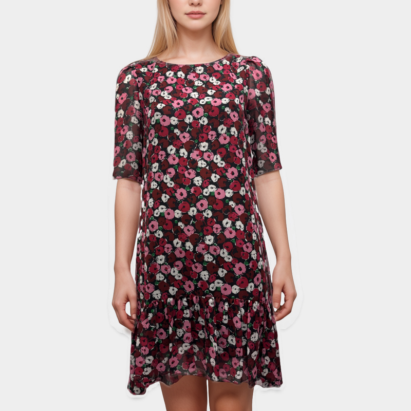 Saint Laurent Black Silk Dress with Pink, Red and White Floral Pattern