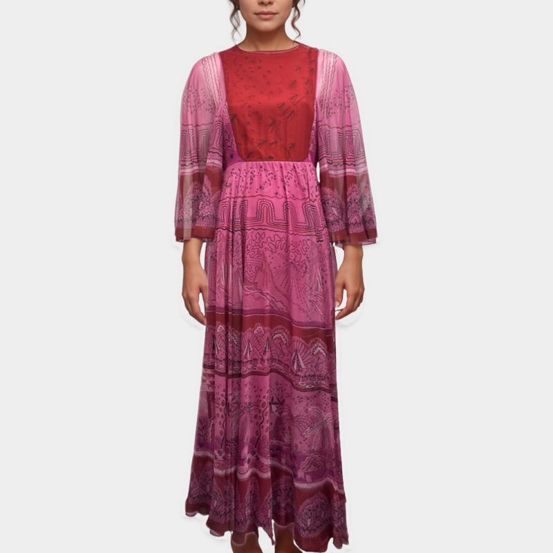 Valentino Pink and Red Printed Silk-Chiffon Maxi Long Dress
