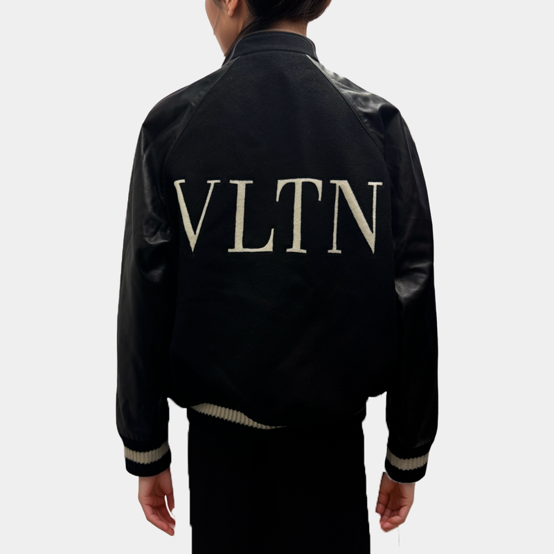 Valentino Women's Black Leather, Wool and Cashmere Blend Bomber Jacket with Logo