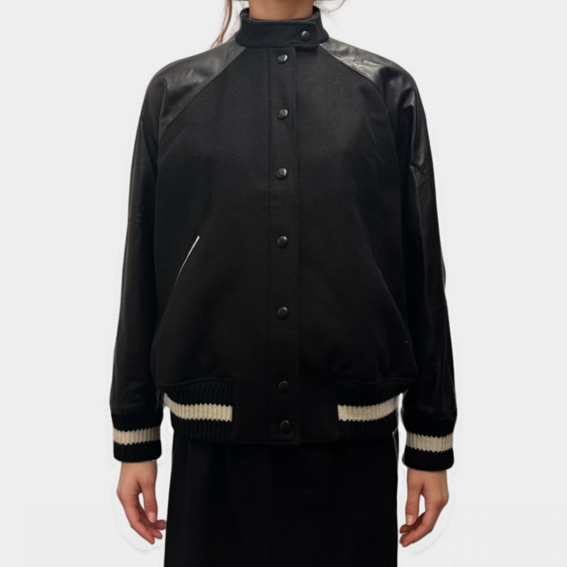 Valentino Women's Black Leather, Wool and Cashmere Blend Bomber Jacket with Logo