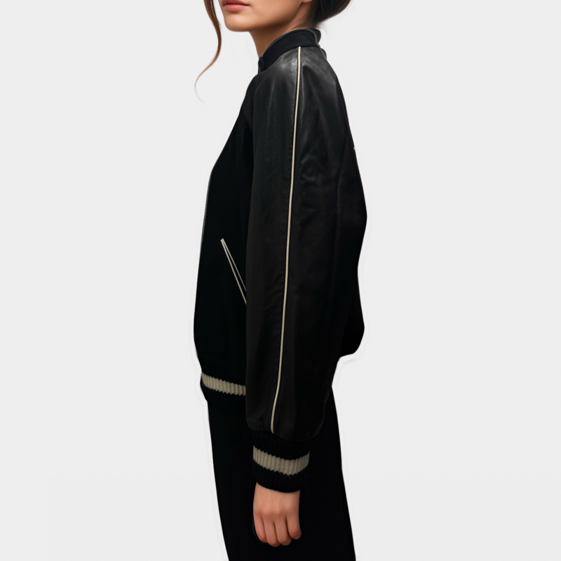 Valentino Women's Black Leather, Wool and Cashmere Blend Bomber Jacket with Logo