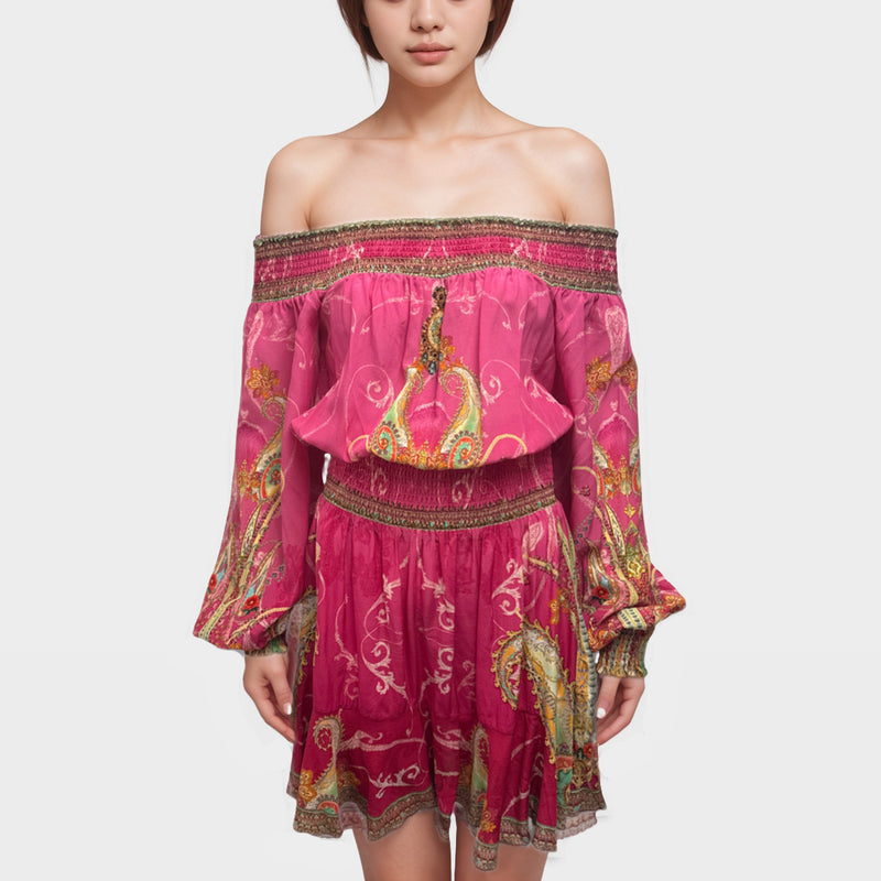 Camilla Pink and multicolour print mini dress with rhinestones