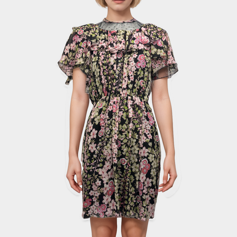 Giambattista Valli Black Silk Dress with Pink and Green Floral Pattern