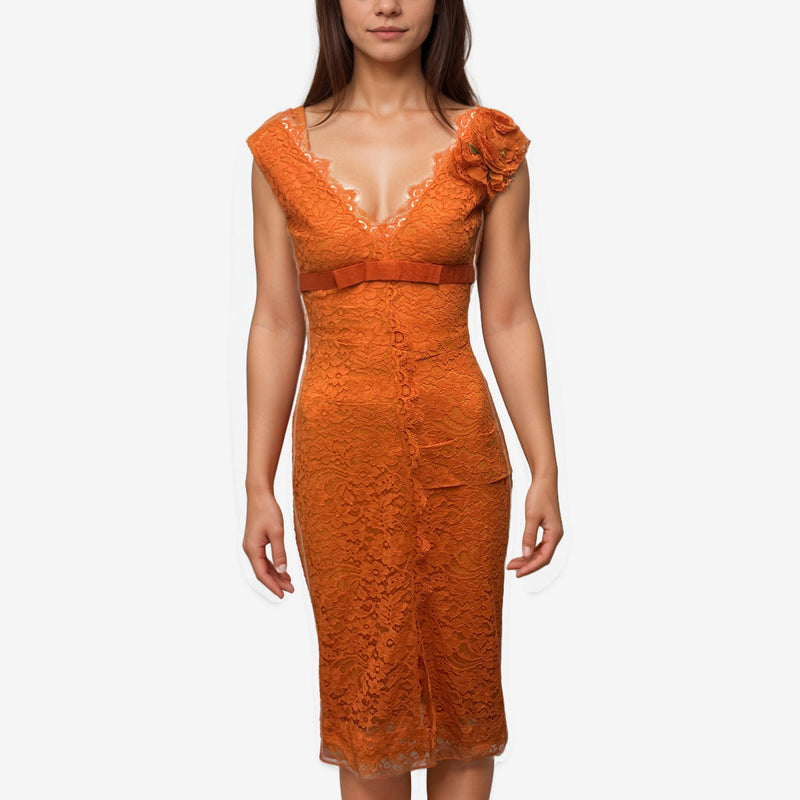 Dolce&Gabbana Orange Lace Dress With Flower Detail