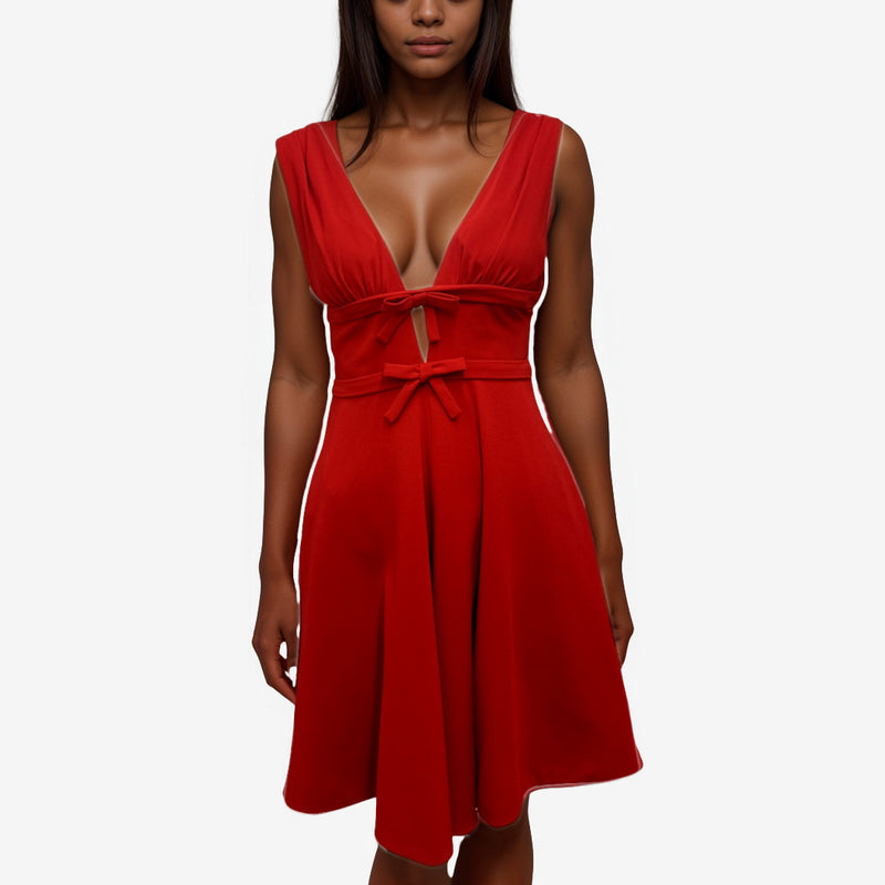 Miu Miu Red Bow Detail Skater Style Dress