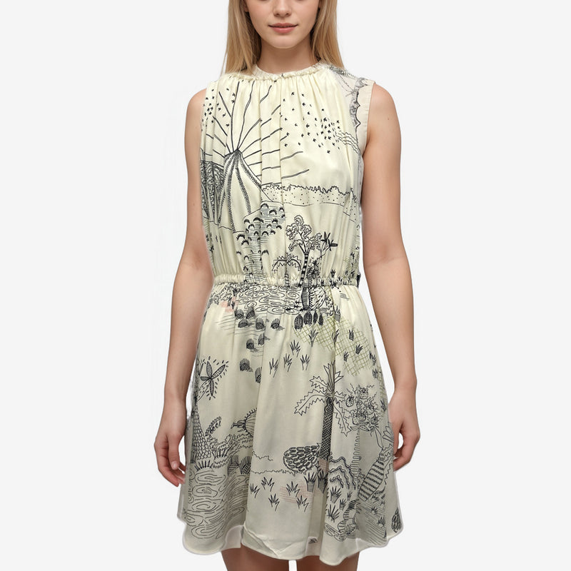 Valentino Ecru Silk Flowy Dress With Abstract Line Art Print