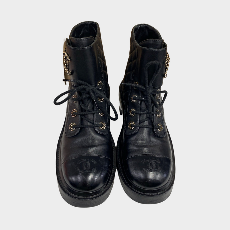 Chanel women's black CC quilted boots with flap