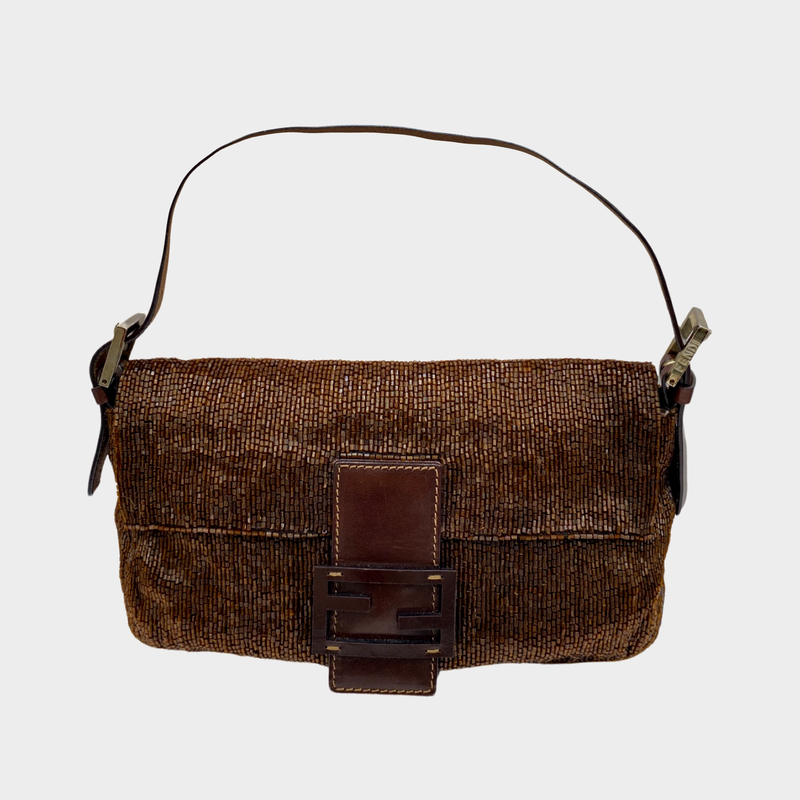 Fendi women's brown beaded baguette handbag