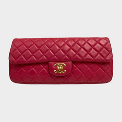 Chanel women's raspberry leather quilted flap bag with metal heart charms