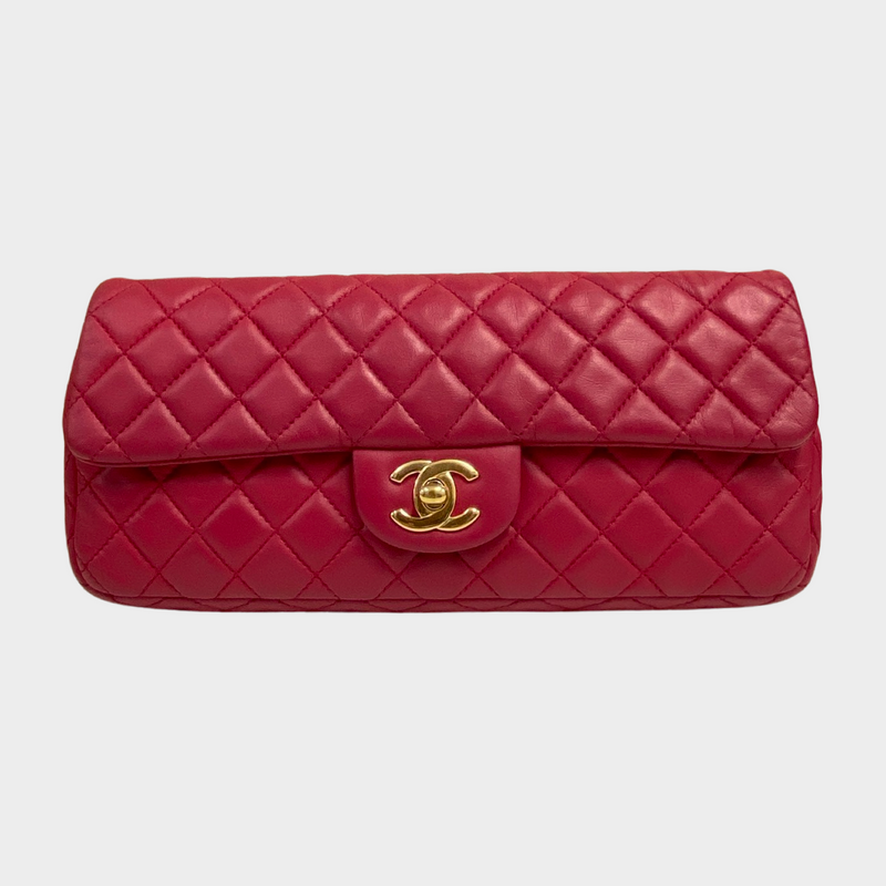 Chanel women's raspberry leather quilted flap bag with metal heart charms
