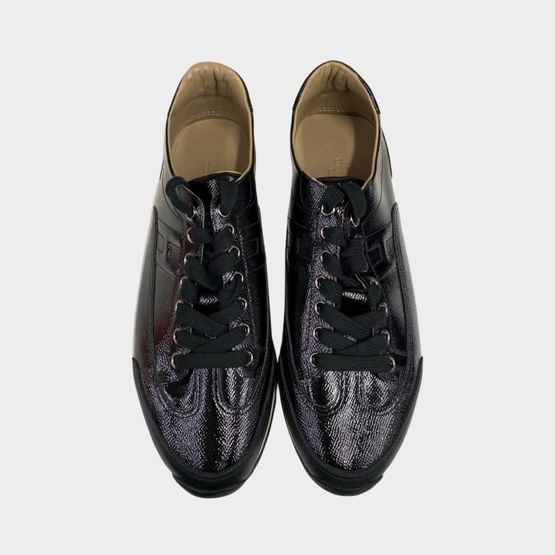 Hermes women's black leather shiny grained trainers