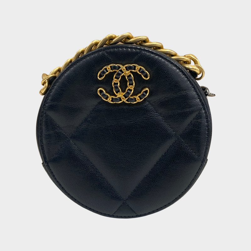 Chanel women's black leather quilted round mini bag