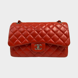 Chanel women's red jumbo flap 2.55 with silver hardware