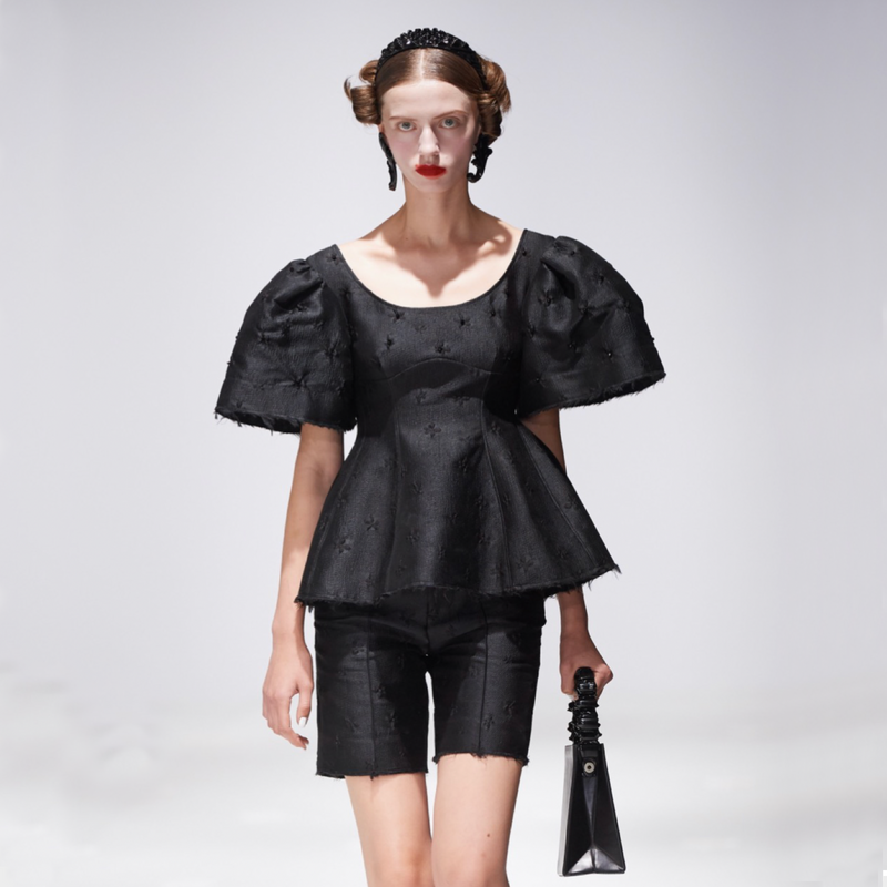 Shushu Tong women's black short sleeve flower beaded top