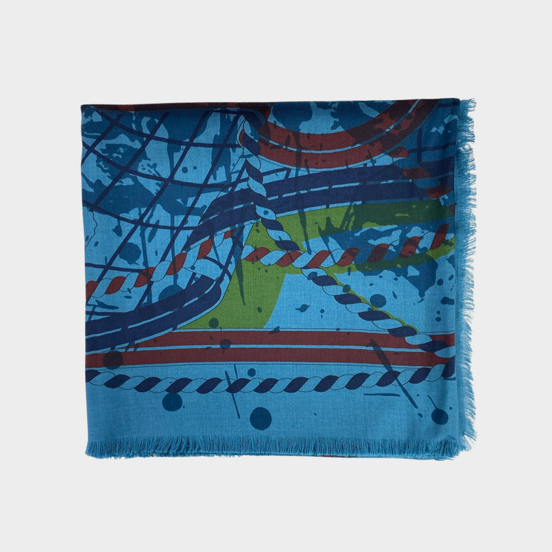 Hermes blue square cashmere silk abstract print scarf