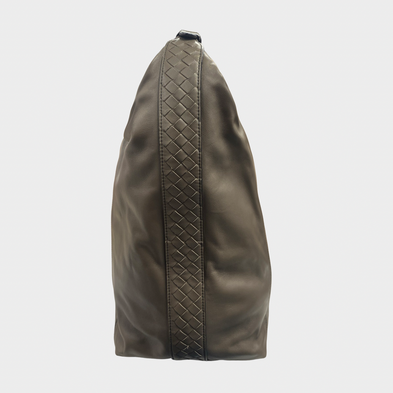 Bottega Veneta women's taupe grey leather tote with intrecciato strip