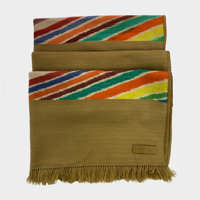 Hermes camel Cashmere scarf with leather trim