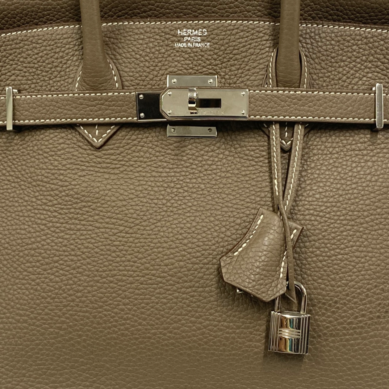 Hermes 35cm Etoupe Clemence Leather Palladium Plated Atlas Bag