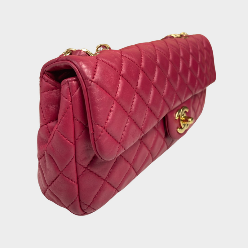 Chanel women's raspberry leather quilted flap bag with metal heart charms