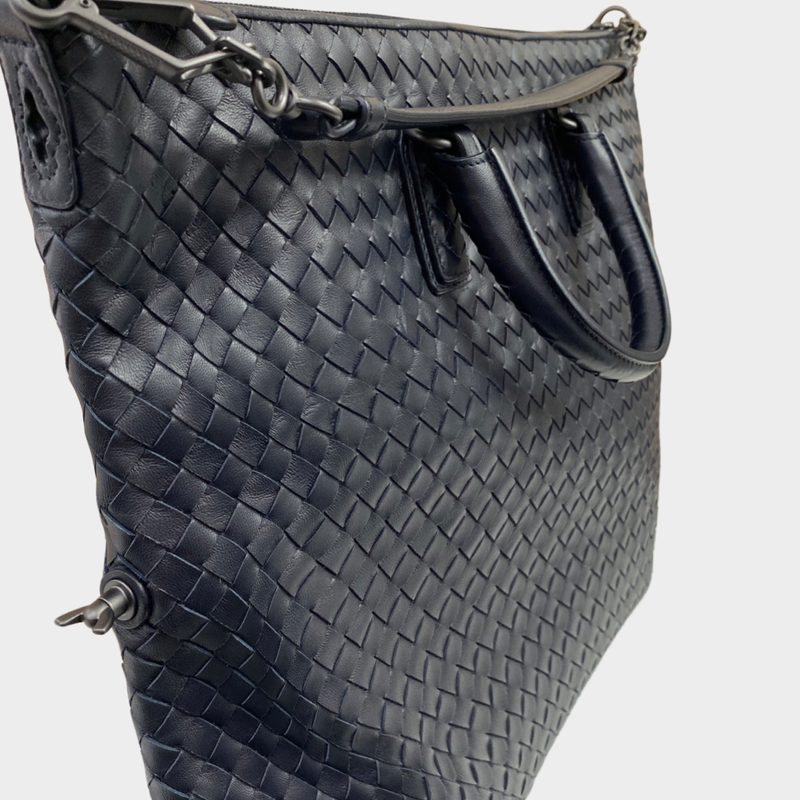 Bottega Veneta women's navy leather maxi intrecciato convertible tote