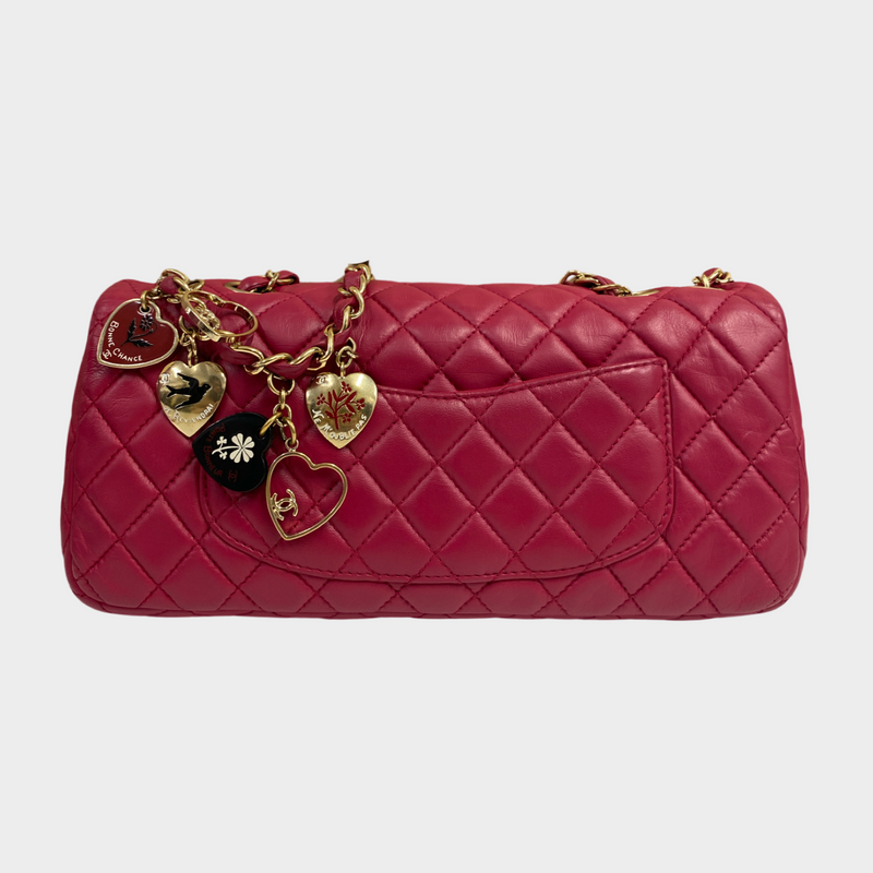 Chanel women's raspberry leather quilted flap bag with metal heart charms