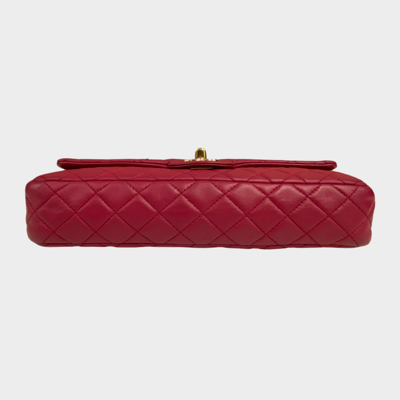 Chanel women's raspberry leather quilted flap bag with metal heart charms