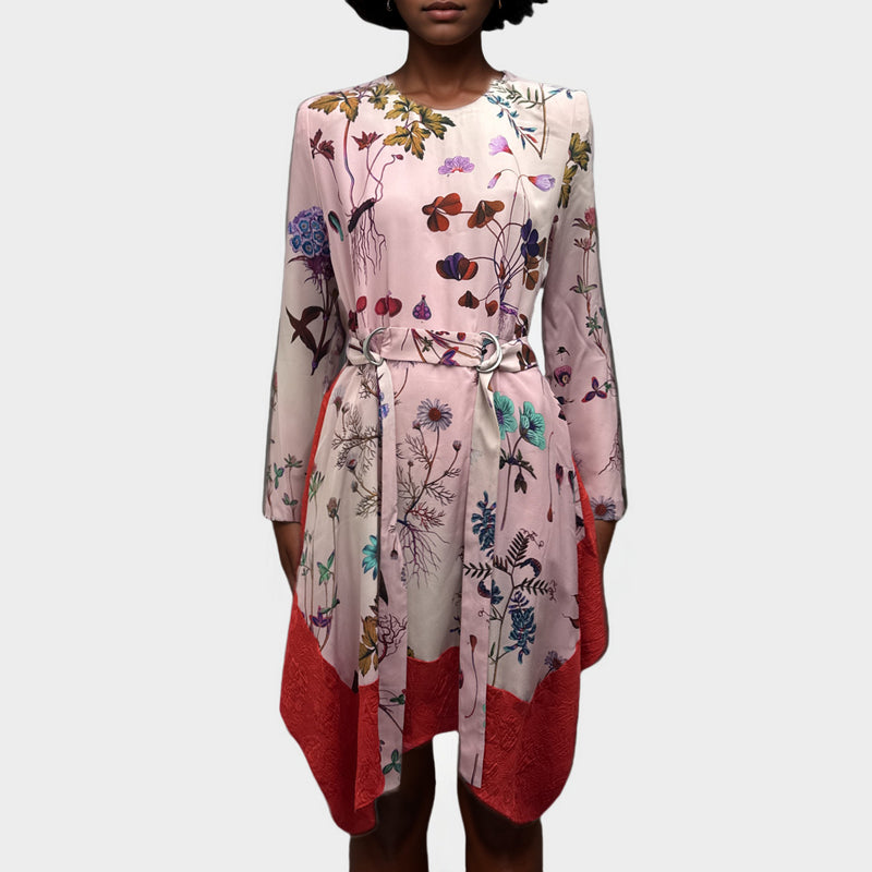 Stella McCartney Pink and Red Flower Print Belted Silk Dress