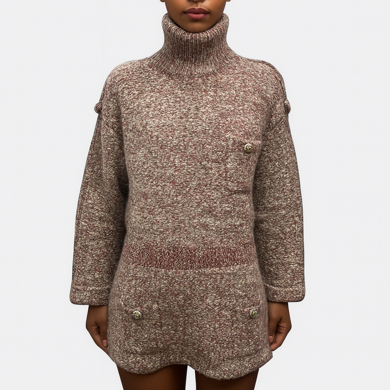 Chanel Women's Turtleneck Burgundy and White Knit Wool Dress