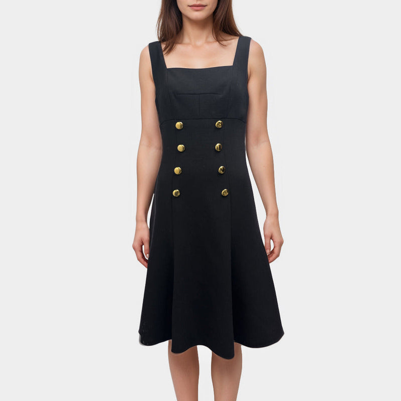 Dolce&Gabbana Black Wool Dress With Double-Breasted Gold Button Detail