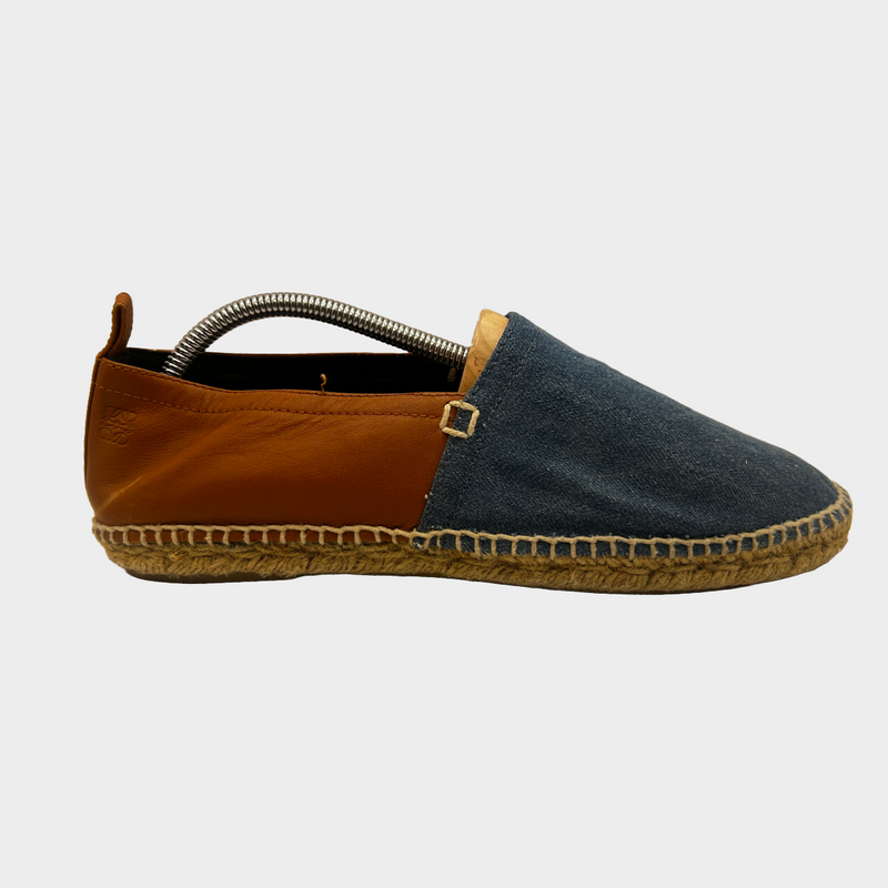 Loewe women's denim and tan leather loafers with raffia sole