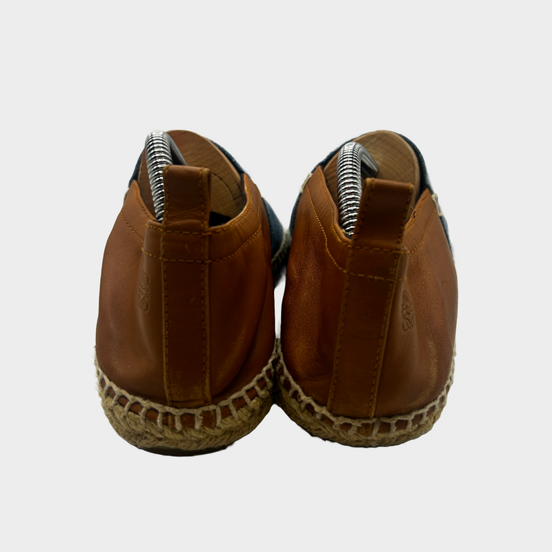 Loewe women's denim and tan leather loafers with raffia sole
