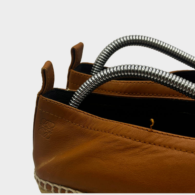 Loewe women's denim and tan leather loafers with raffia sole
