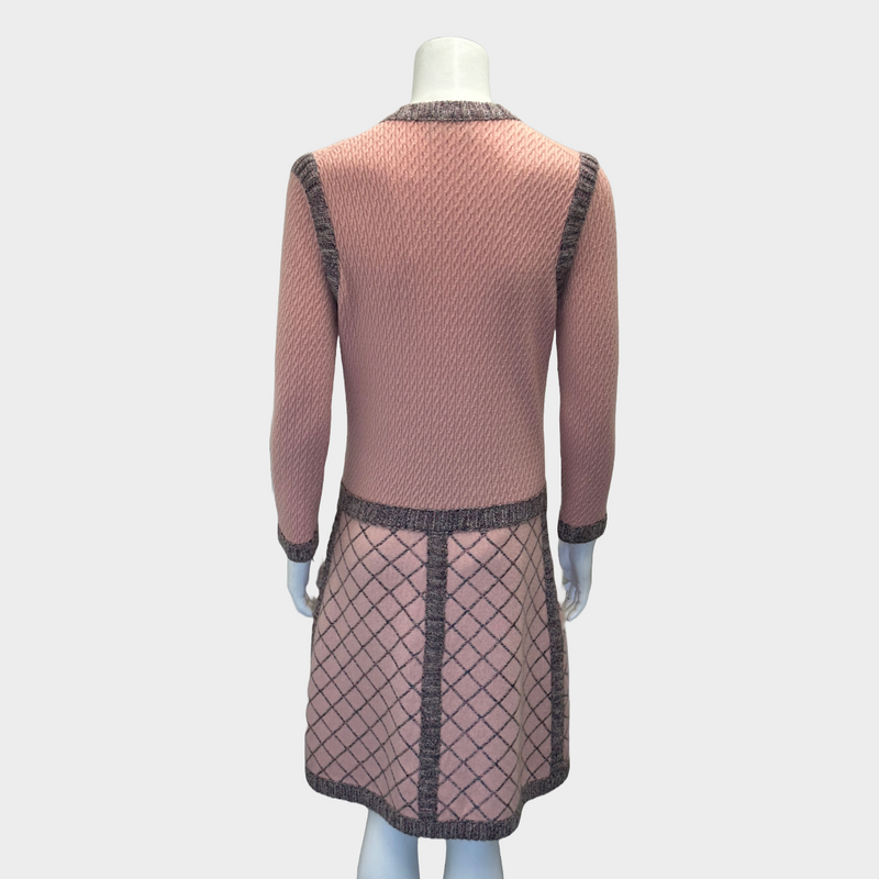 Chanel women's pink long cashmere and silk blend cardigan with tweed panelling