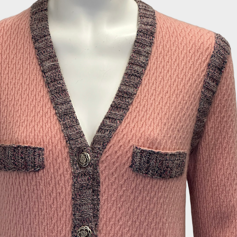 Chanel women's pink long cashmere and silk blend cardigan with tweed panelling