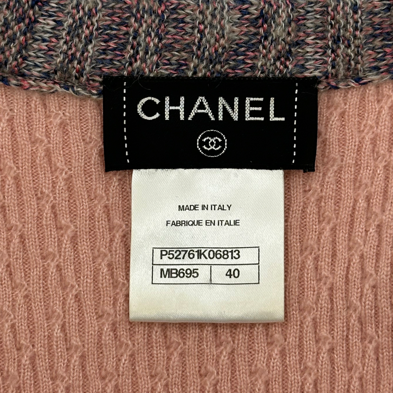 Chanel women's pink long cashmere and silk blend cardigan with tweed panelling